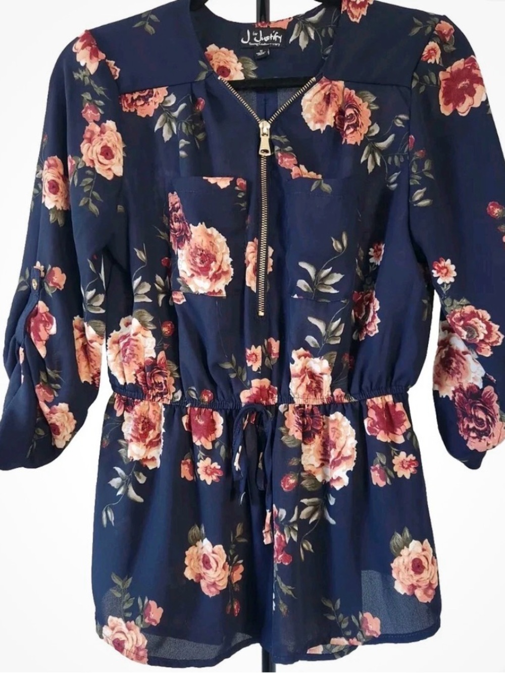 J for Justify Navy Floral Zip-Front Tunic with Rose Print size m